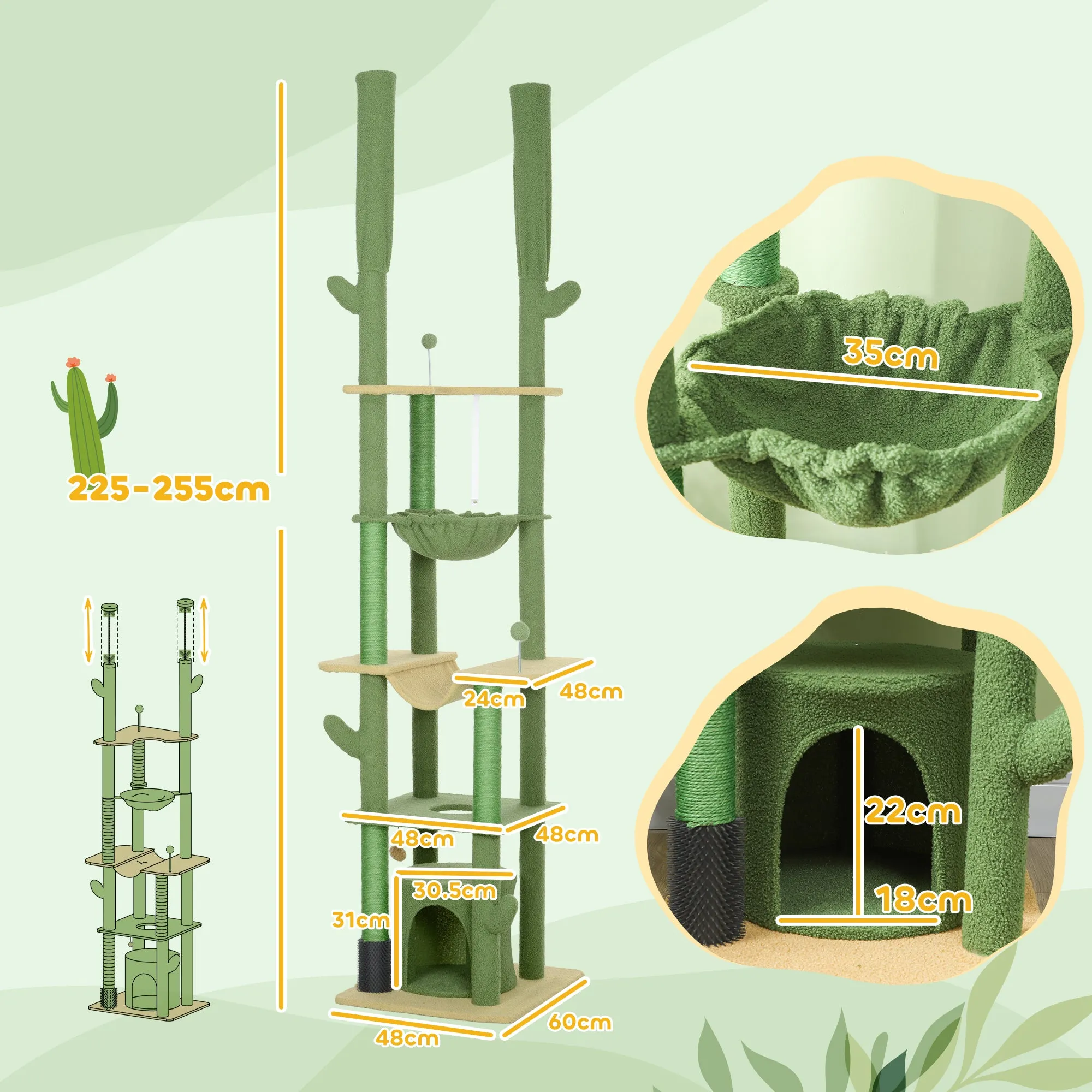 225-255Hcm Floor to Ceiling Cat Tree w/ Hammocks, Condo - Green