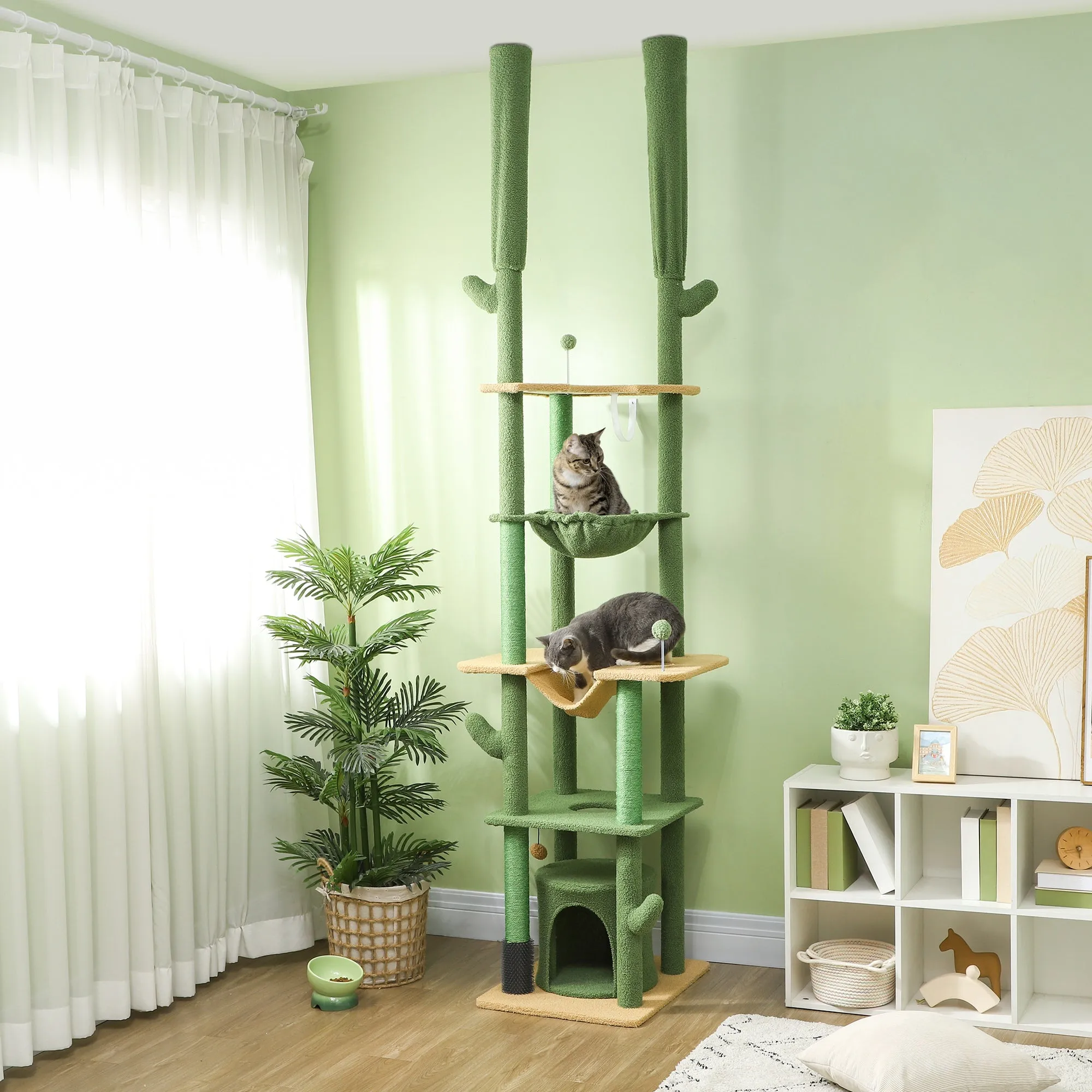 225-255Hcm Floor to Ceiling Cat Tree w/ Hammocks, Condo - Green