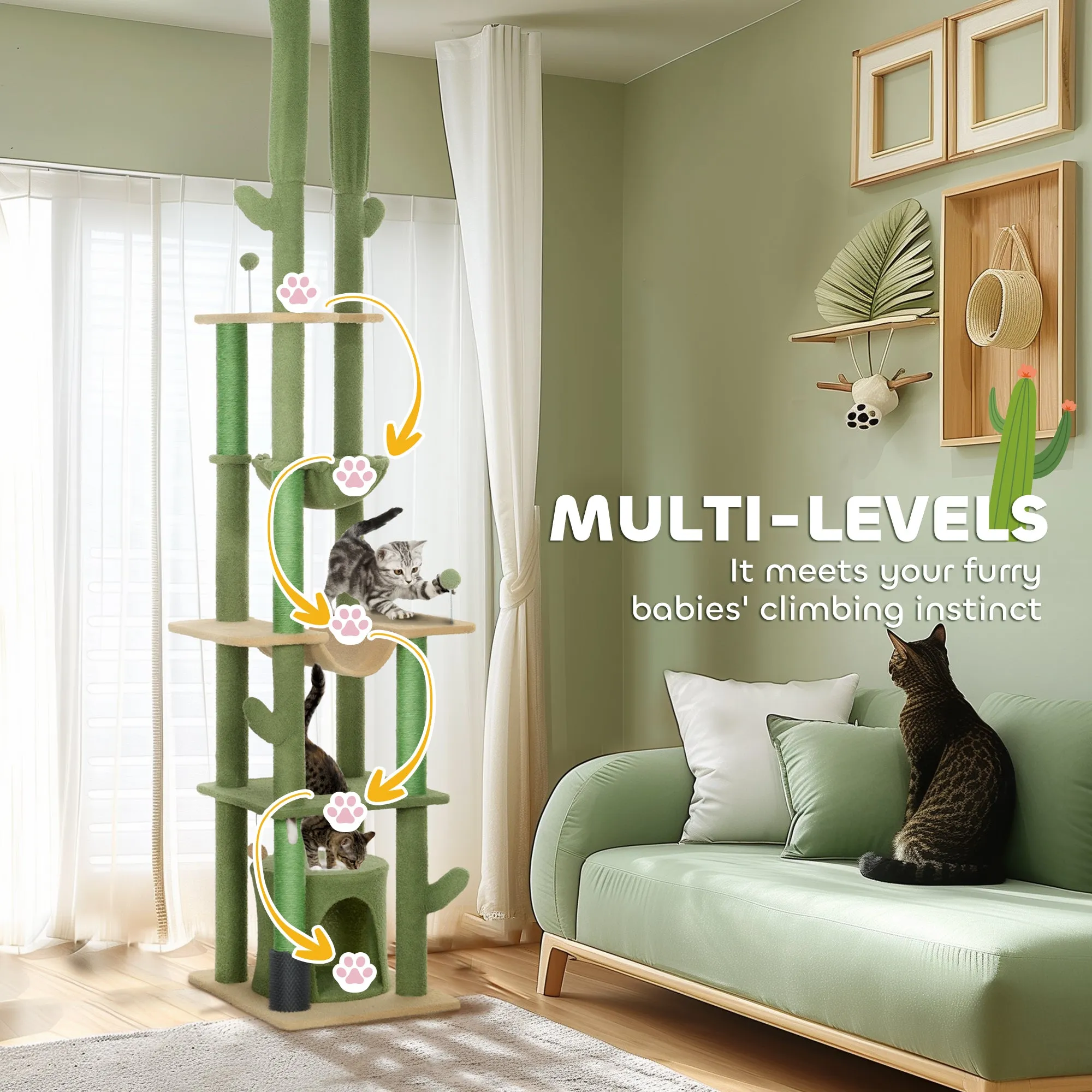 225-255Hcm Floor to Ceiling Cat Tree w/ Hammocks, Condo - Green