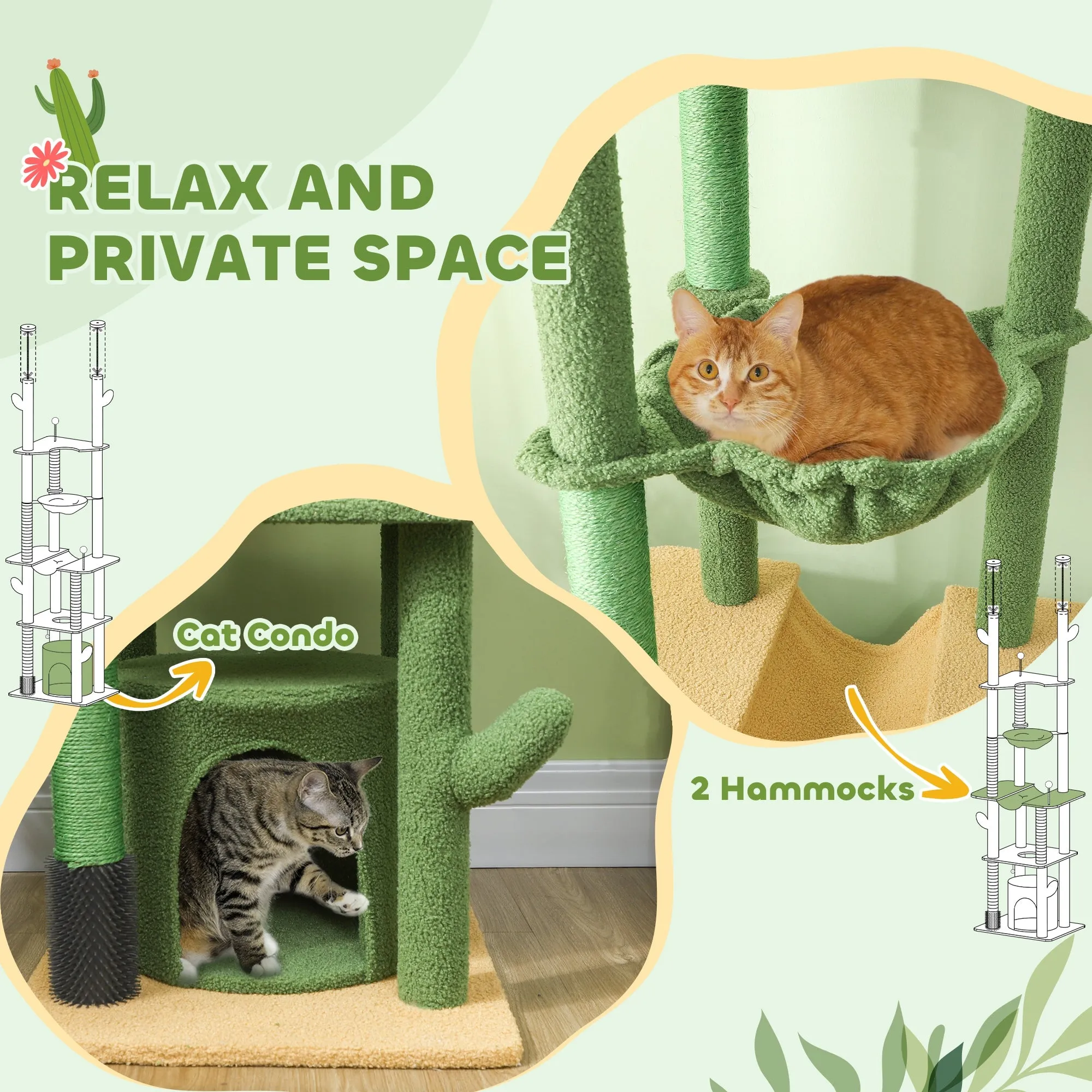 225-255Hcm Floor to Ceiling Cat Tree w/ Hammocks, Condo - Green