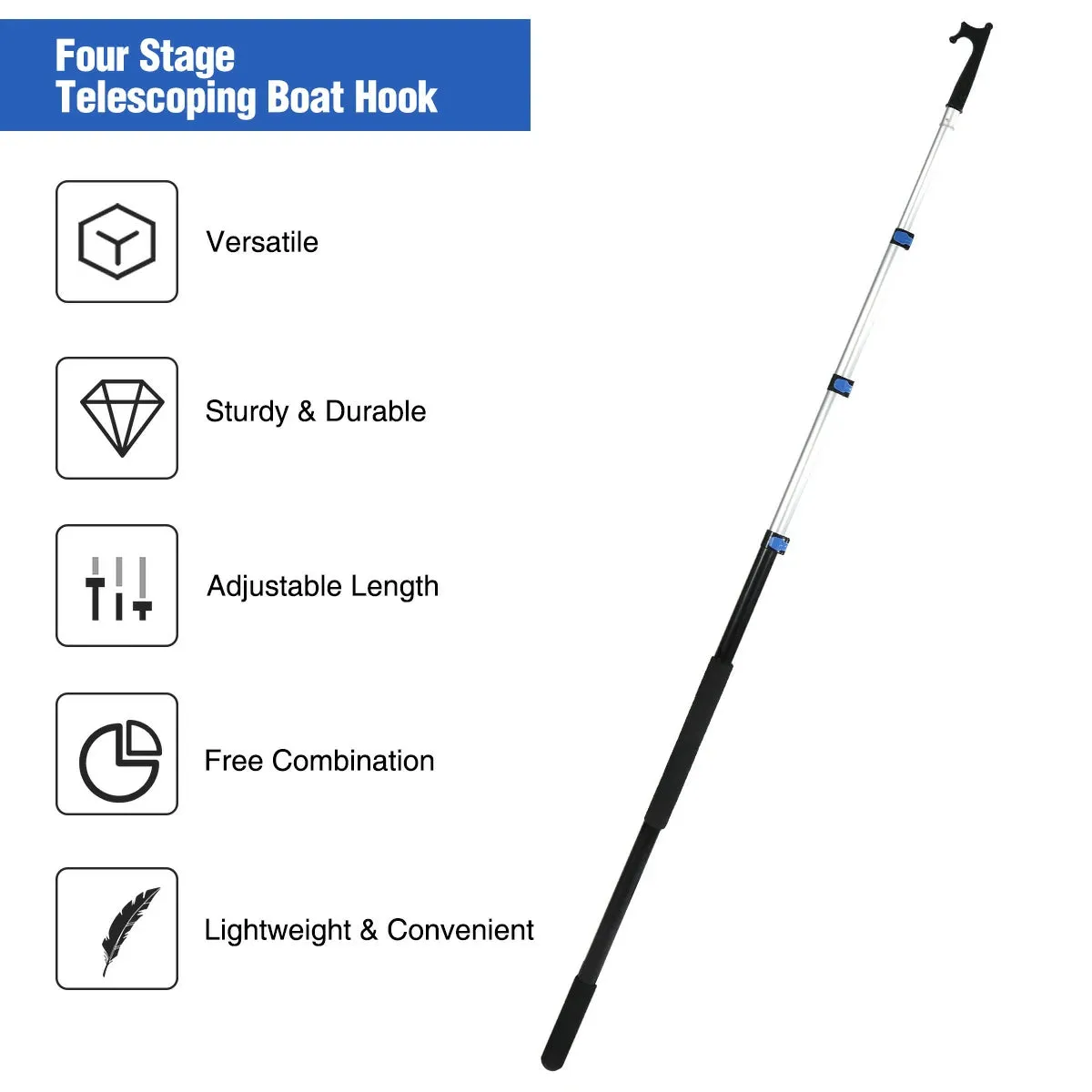 8ft/12ft Aluminum Extendable Telescopic Boat Hook For Docking, Black/Silver