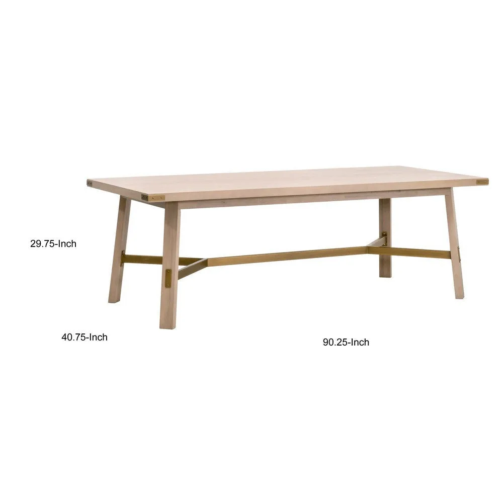 90 Inch Dining Table, Rectangular Oak Veneer Top, Gold Metal Brackets By Casagear Home