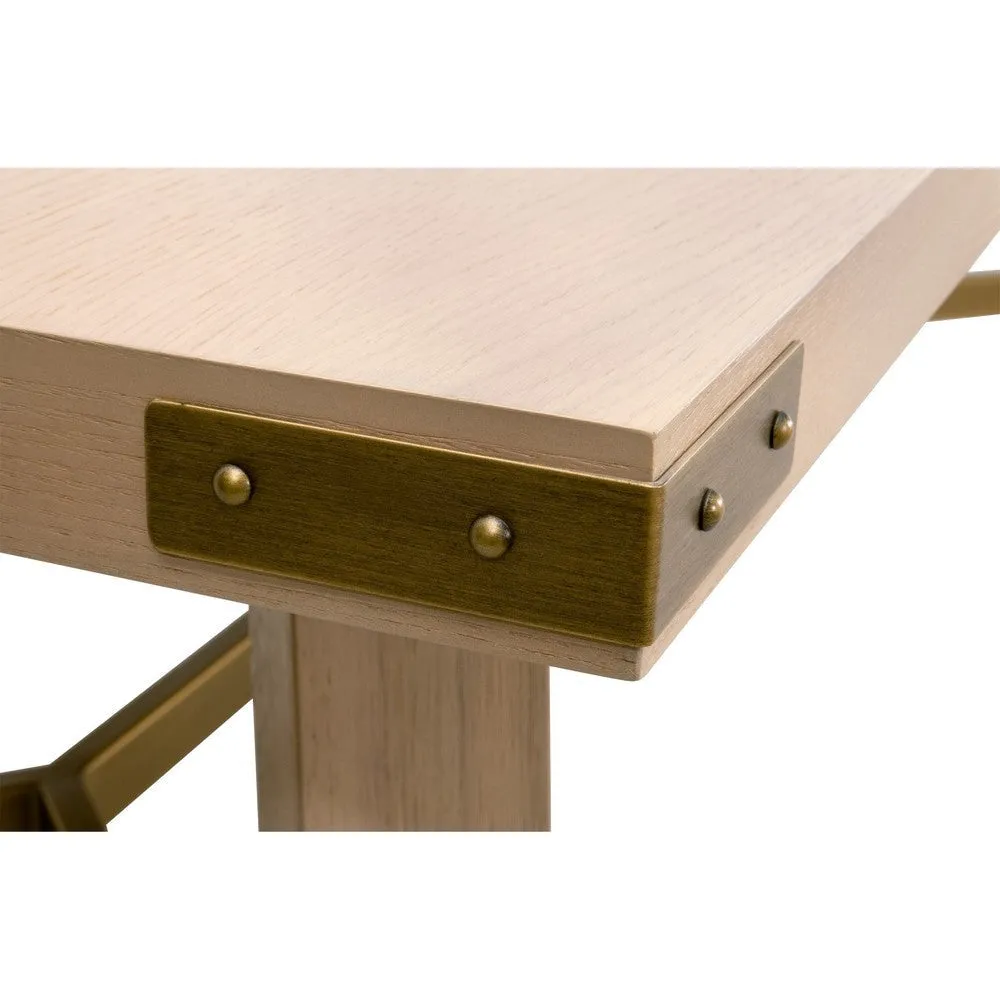 90 Inch Dining Table, Rectangular Oak Veneer Top, Gold Metal Brackets By Casagear Home