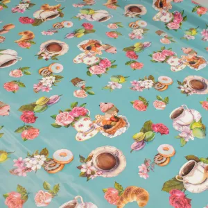 Afternoon Tea on Blue Plastic Tablecloth Fabric