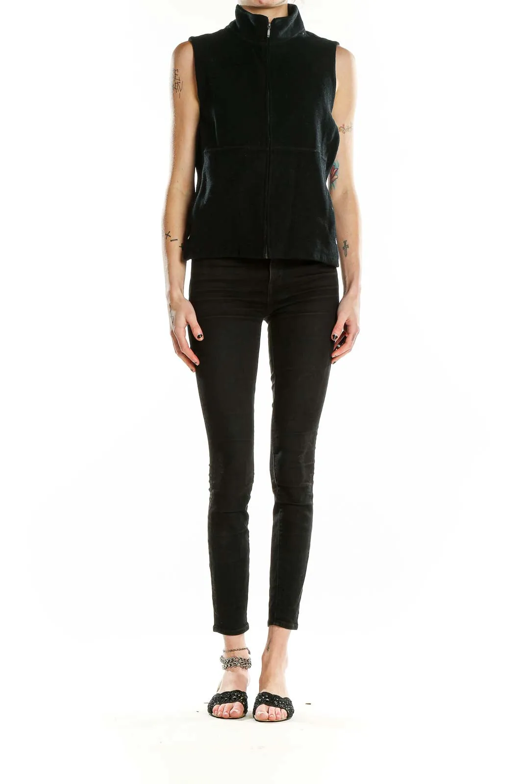 Black Merino Wool Blend Zip-Up Vest