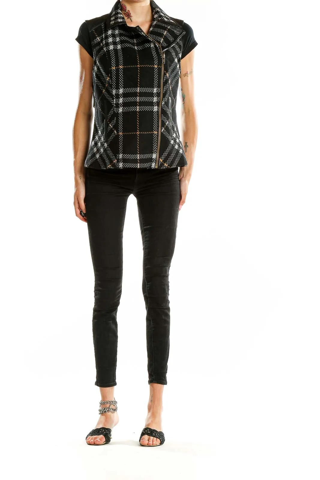 Black Plaid Asymmetrical Zip Vest