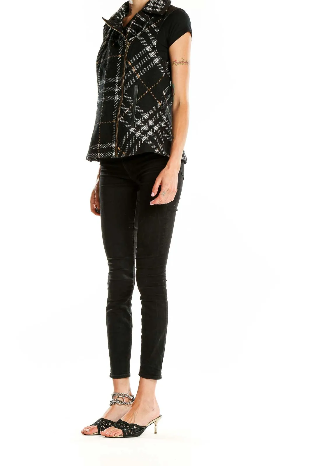 Black Plaid Asymmetrical Zip Vest