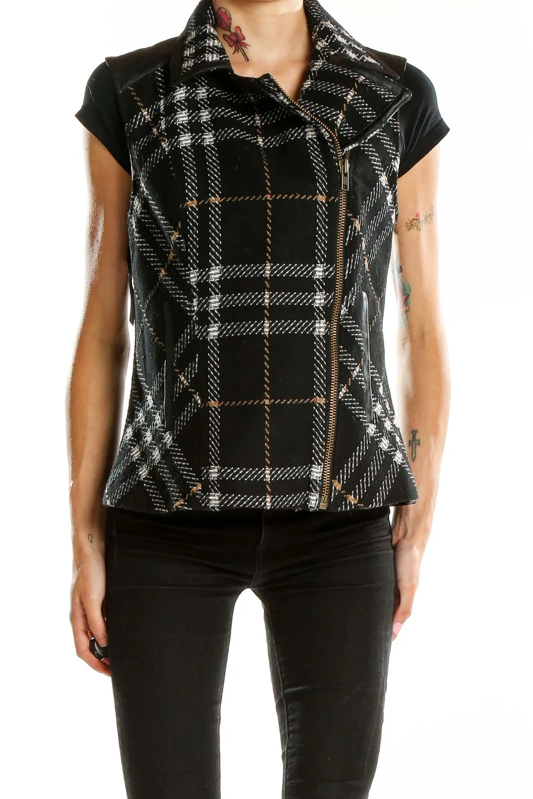 Black Plaid Asymmetrical Zip Vest