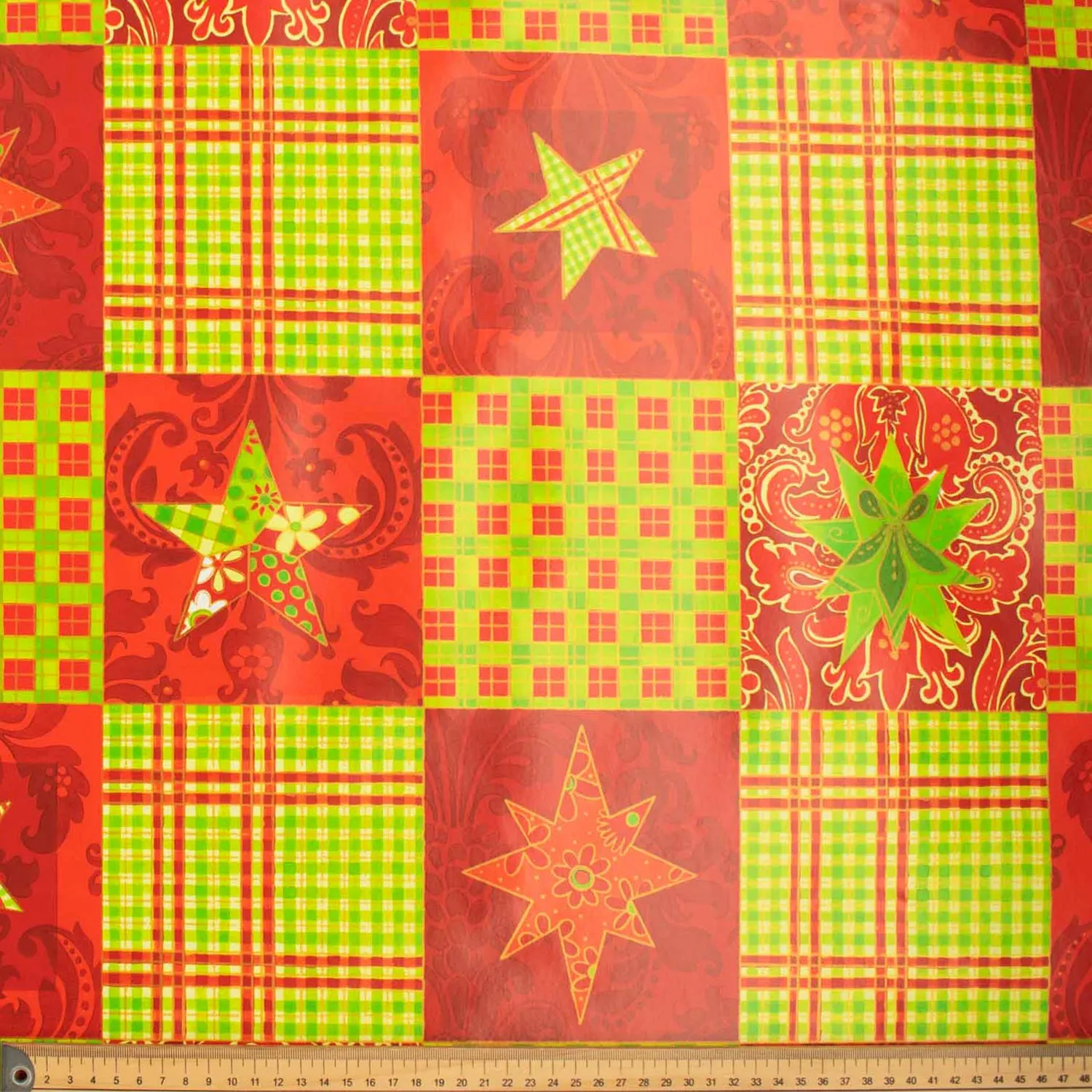 Christmas Star Green & Red Check Plastic Tablecloth Fabric