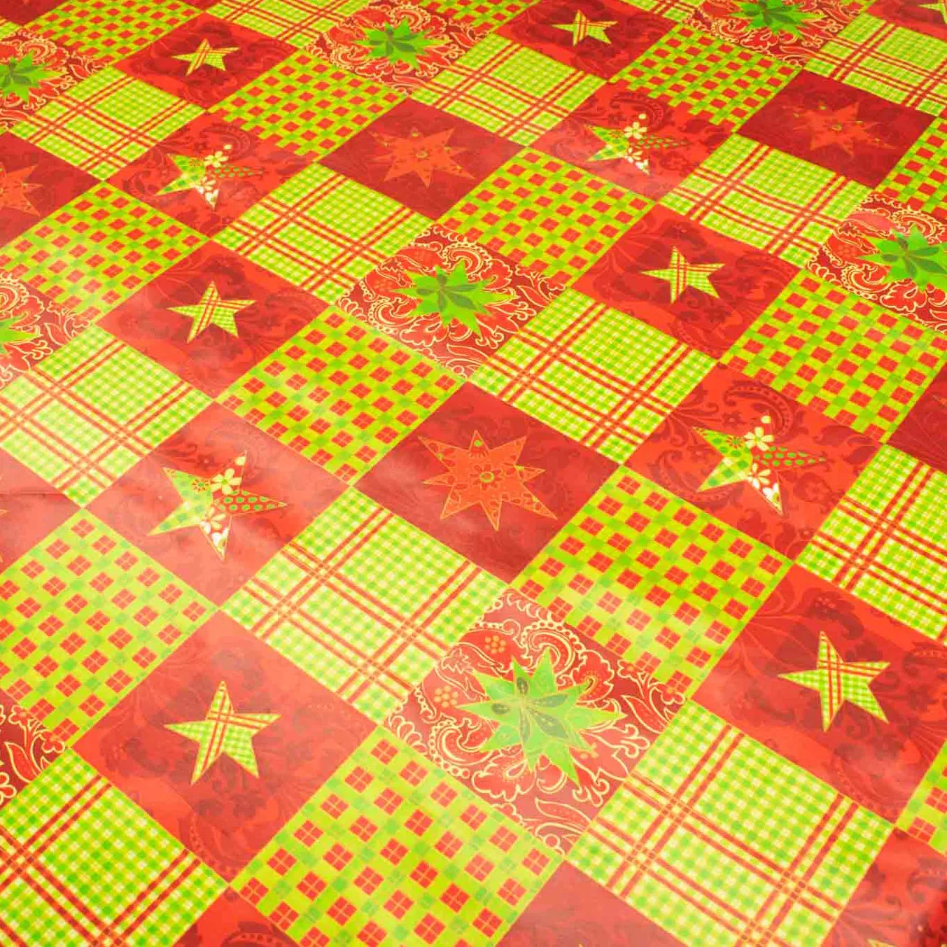 Christmas Star Green & Red Check Plastic Tablecloth Fabric