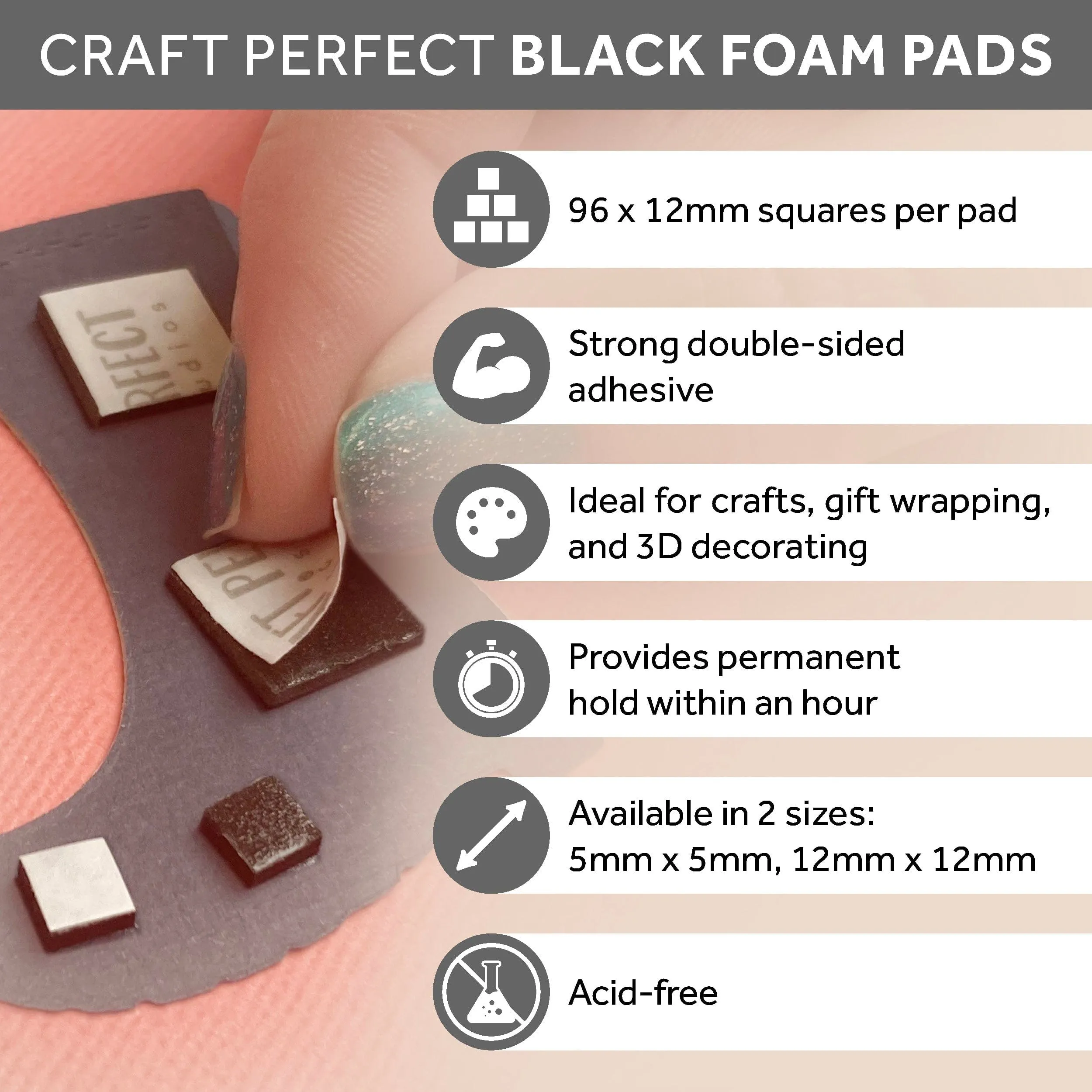 Craft Perfect - Adhesives - Dimensional Foam Pads - Black -  12mm (96 pads)  - 9754e