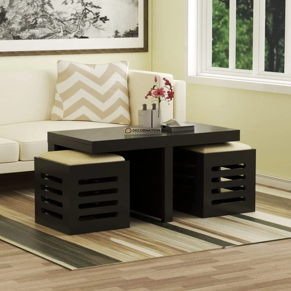 DecorNation Ely Wooden Coffee Table with 2 Stools with Storage – Charcoal Black