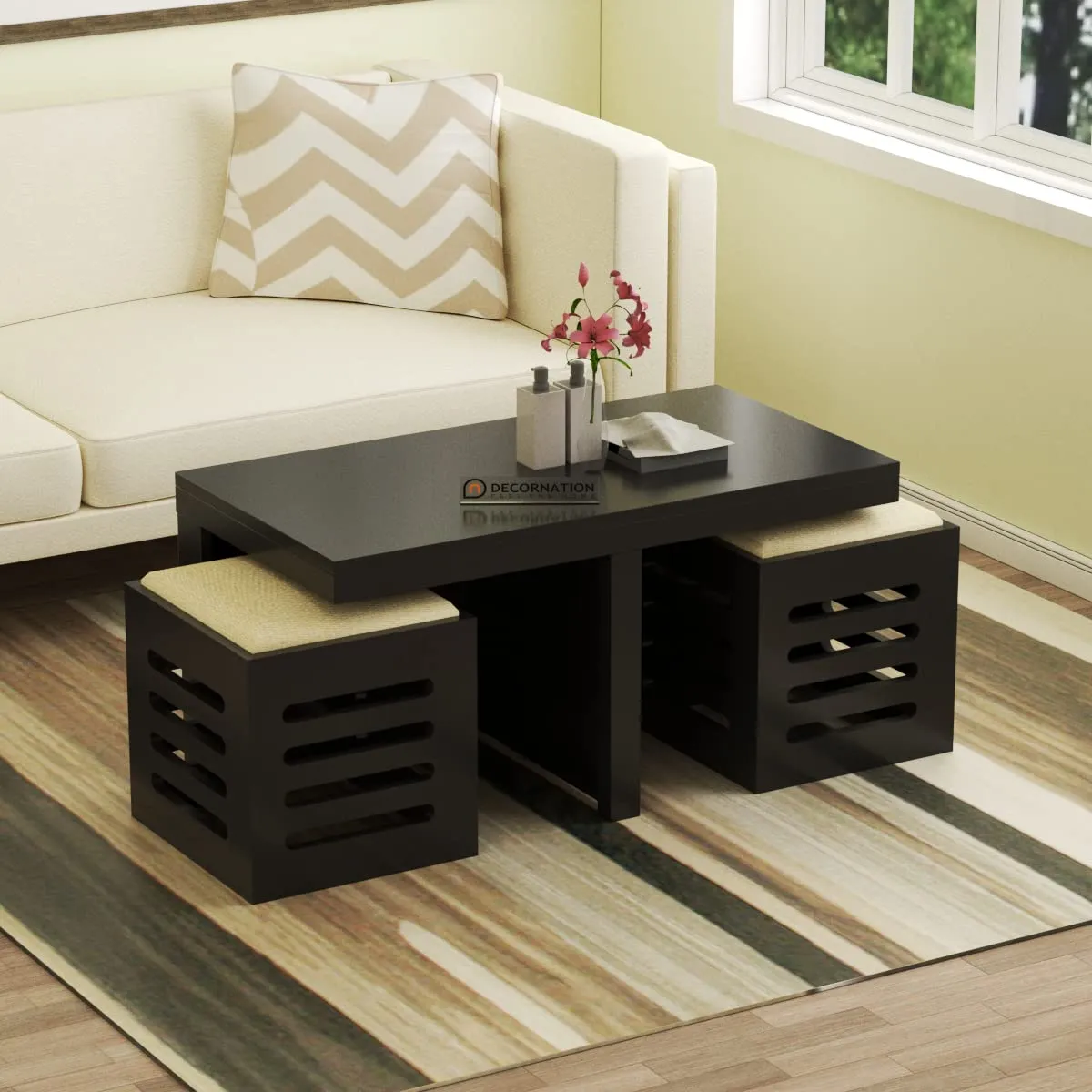 DecorNation Ely Wooden Coffee Table with 2 Stools with Storage – Charcoal Black