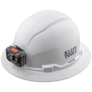 Klein Tools 60406RL Hard Hat, Rechargeable Headlamp, Non-vented, Full Brim Style, Padded Self-Wicking Odor-Resistant Sweatband, Tested up to 20kV, White