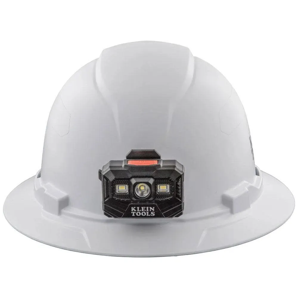 Klein Tools 60406RL Hard Hat, Rechargeable Headlamp, Non-vented, Full Brim Style, Padded Self-Wicking Odor-Resistant Sweatband, Tested up to 20kV, White