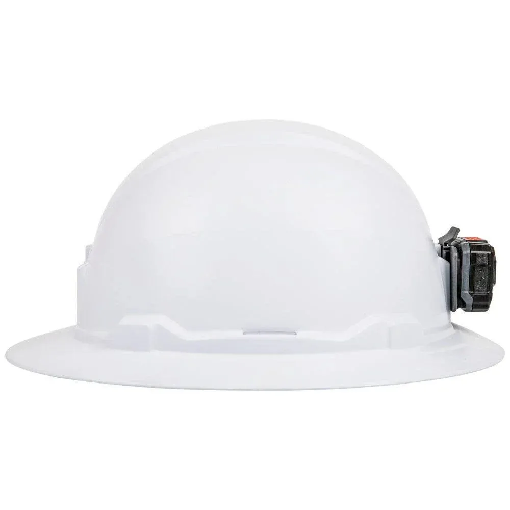 Klein Tools 60406RL Hard Hat, Rechargeable Headlamp, Non-vented, Full Brim Style, Padded Self-Wicking Odor-Resistant Sweatband, Tested up to 20kV, White