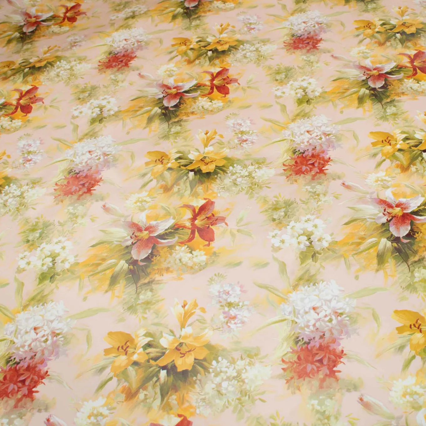 Lilies Flowers Painting on Baby Pink Plastic Tablecloth Fabric