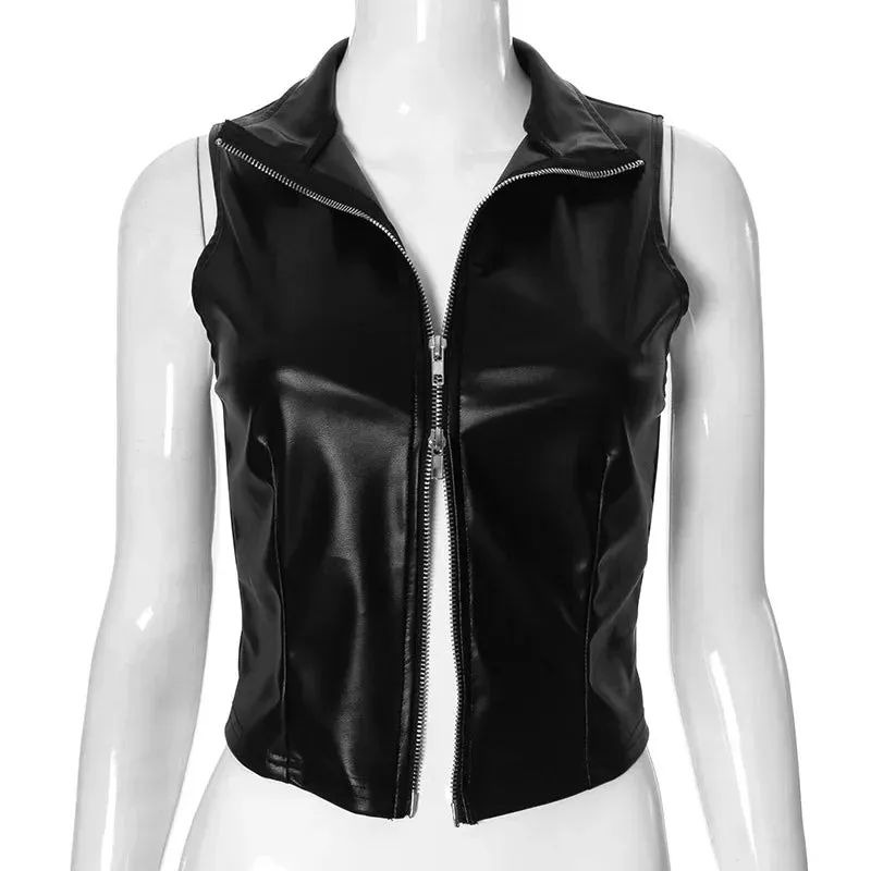 LIZAKOSHT  -  Black PU Leather Vests Women Fashion Turn Down Collar Sleeveless Zip-up Slim Crop Tank Top All Matching Streetwear Casual Outfit