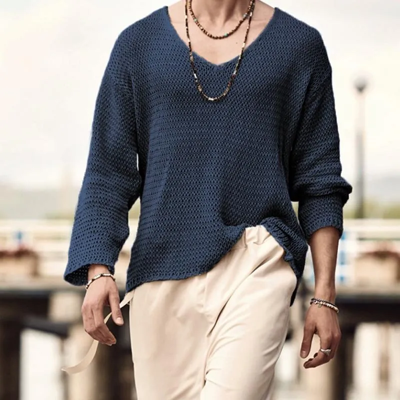 Men's Solid Color V-Neck Sweater Knitwear 23920508X