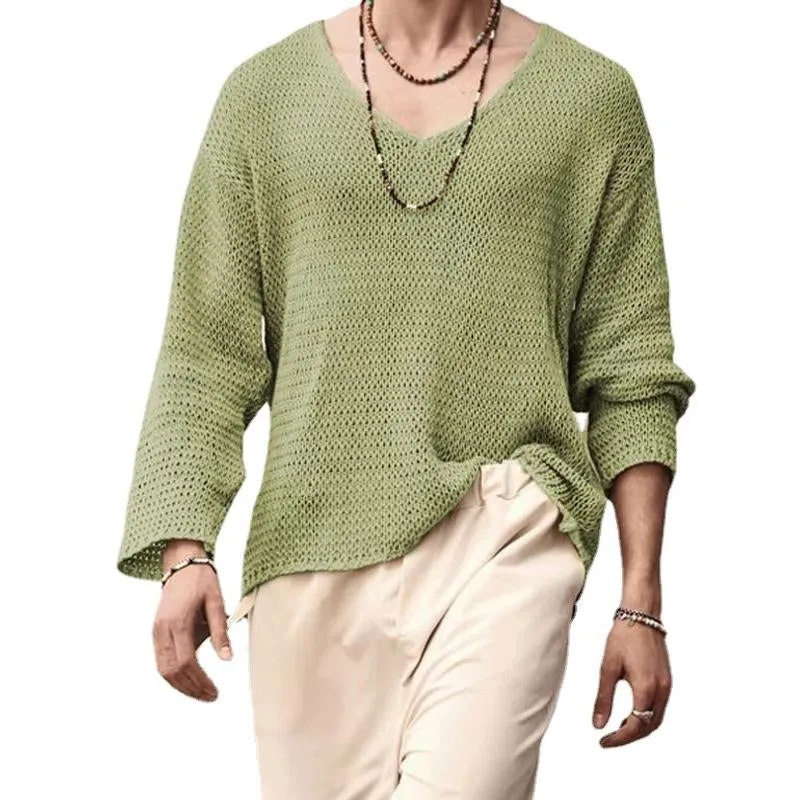 Men's Solid Color V-Neck Sweater Knitwear 23920508X