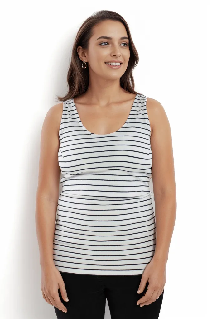 Nursing Twin Pack Cotton Vest | Navy/White Stripes & White/Navy Stripes