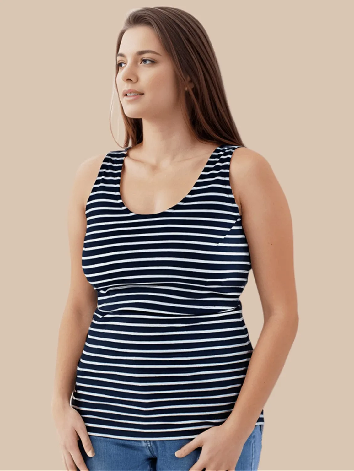 Nursing Twin Pack Cotton Vest | Navy/White Stripes & White/Navy Stripes