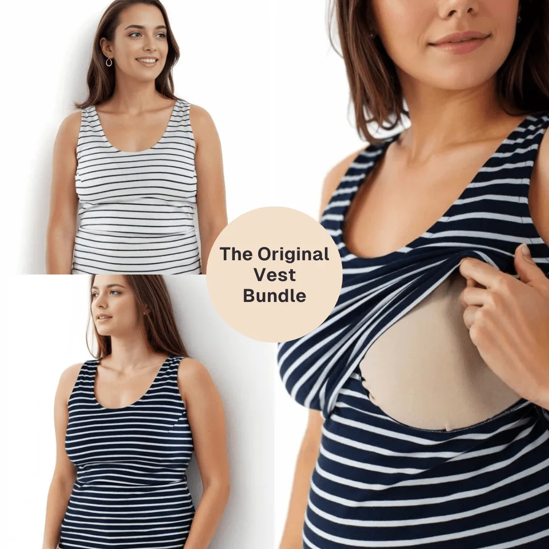 Nursing Twin Pack Cotton Vest | Navy/White Stripes & White/Navy Stripes