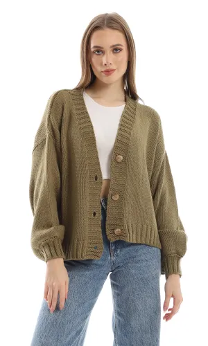 O152917 Olive Green Cropped Cardigan With Wide Sleeves