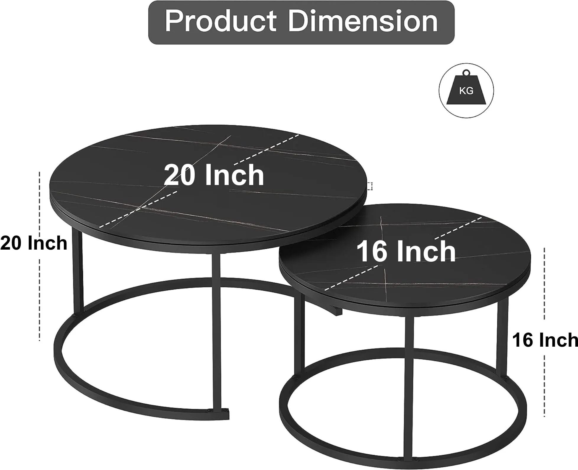 PADHAN'S Modern Industrial Living Room Bedroom Apartment Nesting Set of Two Side Metal Frame Circular and Wooden Pattern Coffee Tables -White