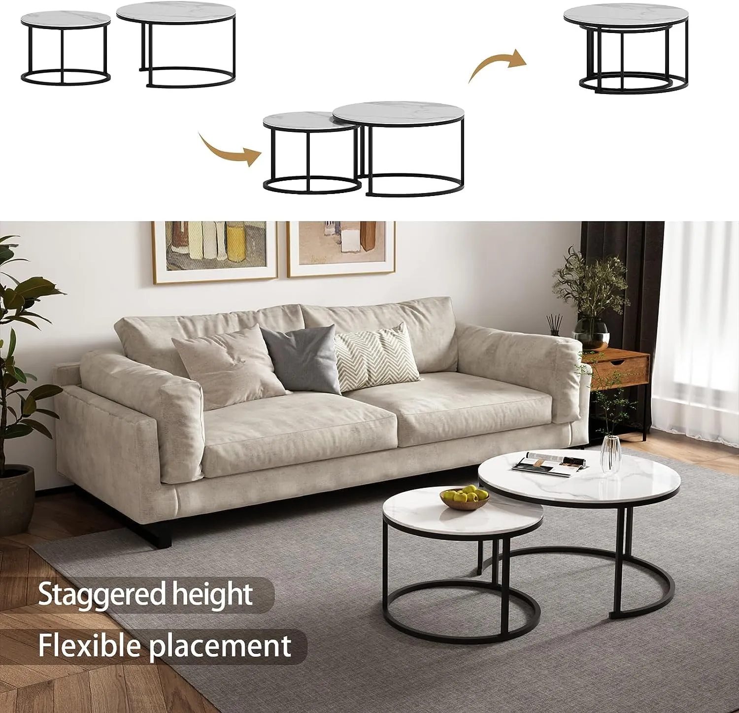 PADHAN'S Modern Industrial Living Room Bedroom Apartment Nesting Set of Two Side Metal Frame Circular and Wooden Pattern Coffee Tables -White