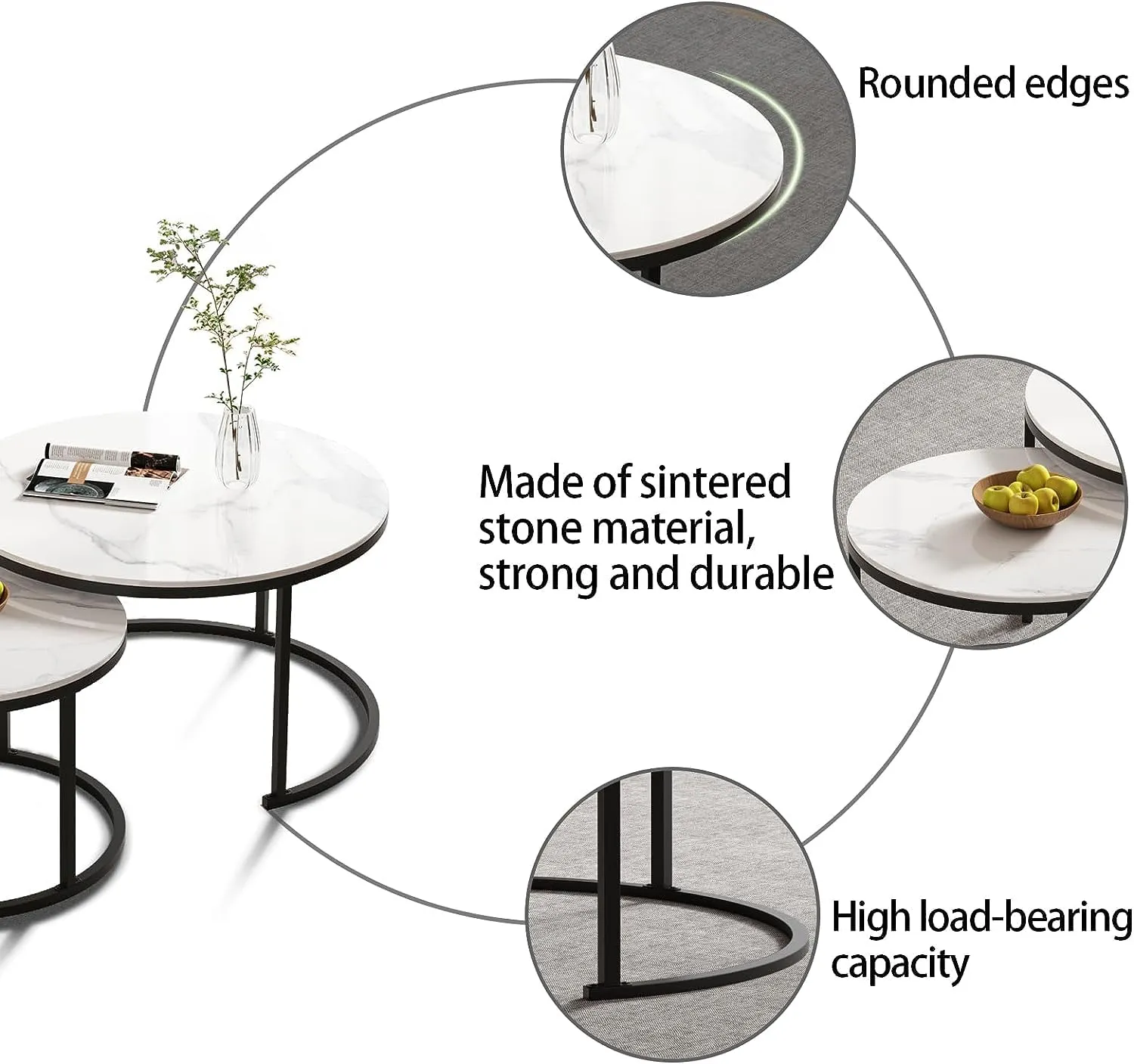 PADHAN'S Modern Industrial Living Room Bedroom Apartment Nesting Set of Two Side Metal Frame Circular and Wooden Pattern Coffee Tables -White