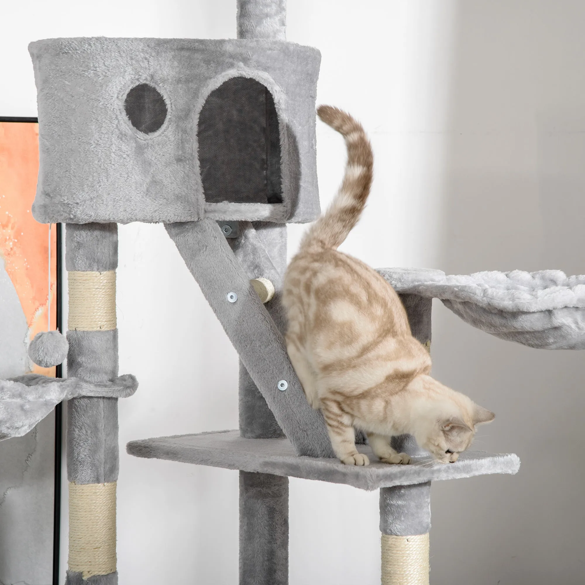 PawHut 240-260cm Floor to Ceiling Cat Tree with Scratching Posts - Light Grey