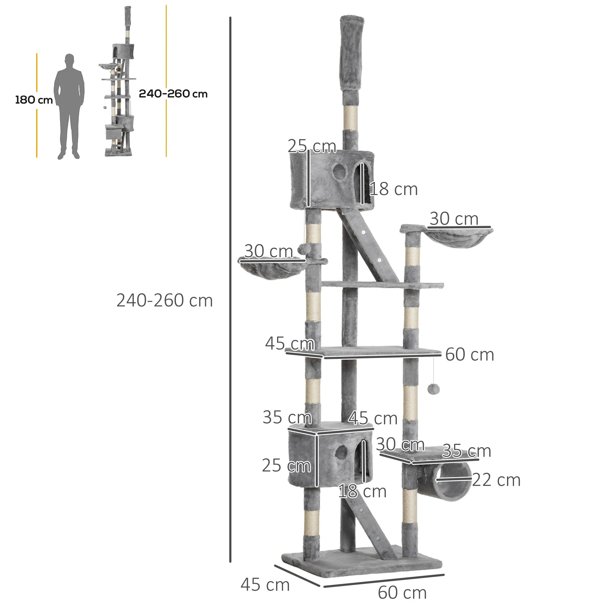 PawHut 240-260cm Floor to Ceiling Cat Tree with Scratching Posts - Light Grey