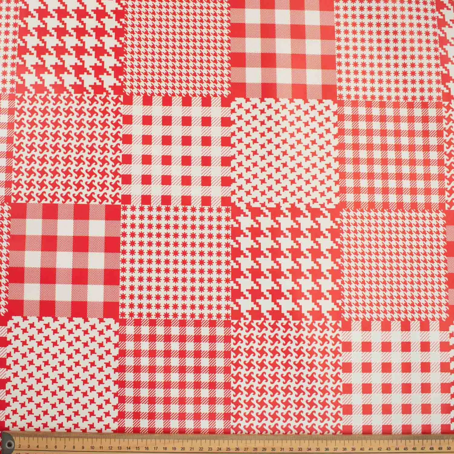 Red Houndstooth Checks Plastic Tablecloth Fabric