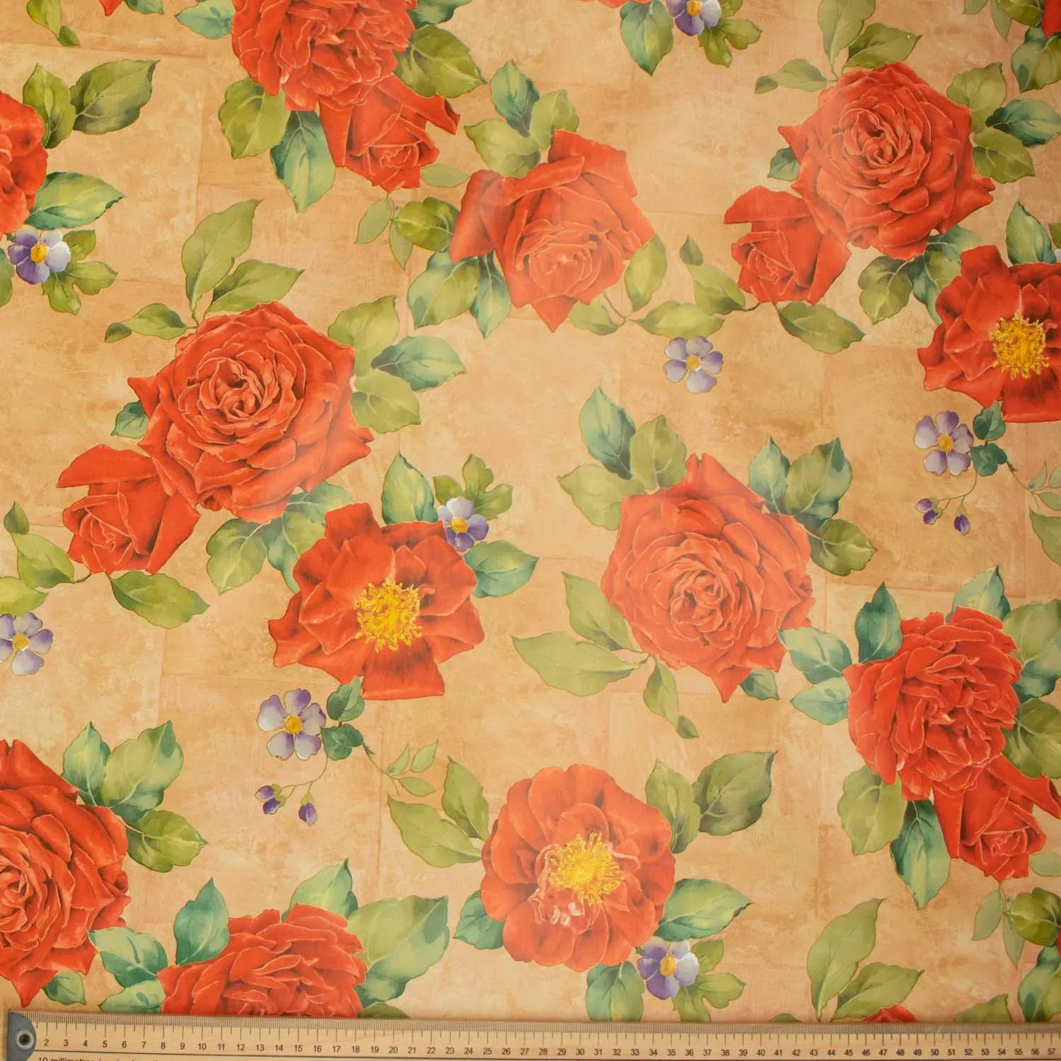 Red Roses on dusty Orange Plastic Tablecloth Fabric