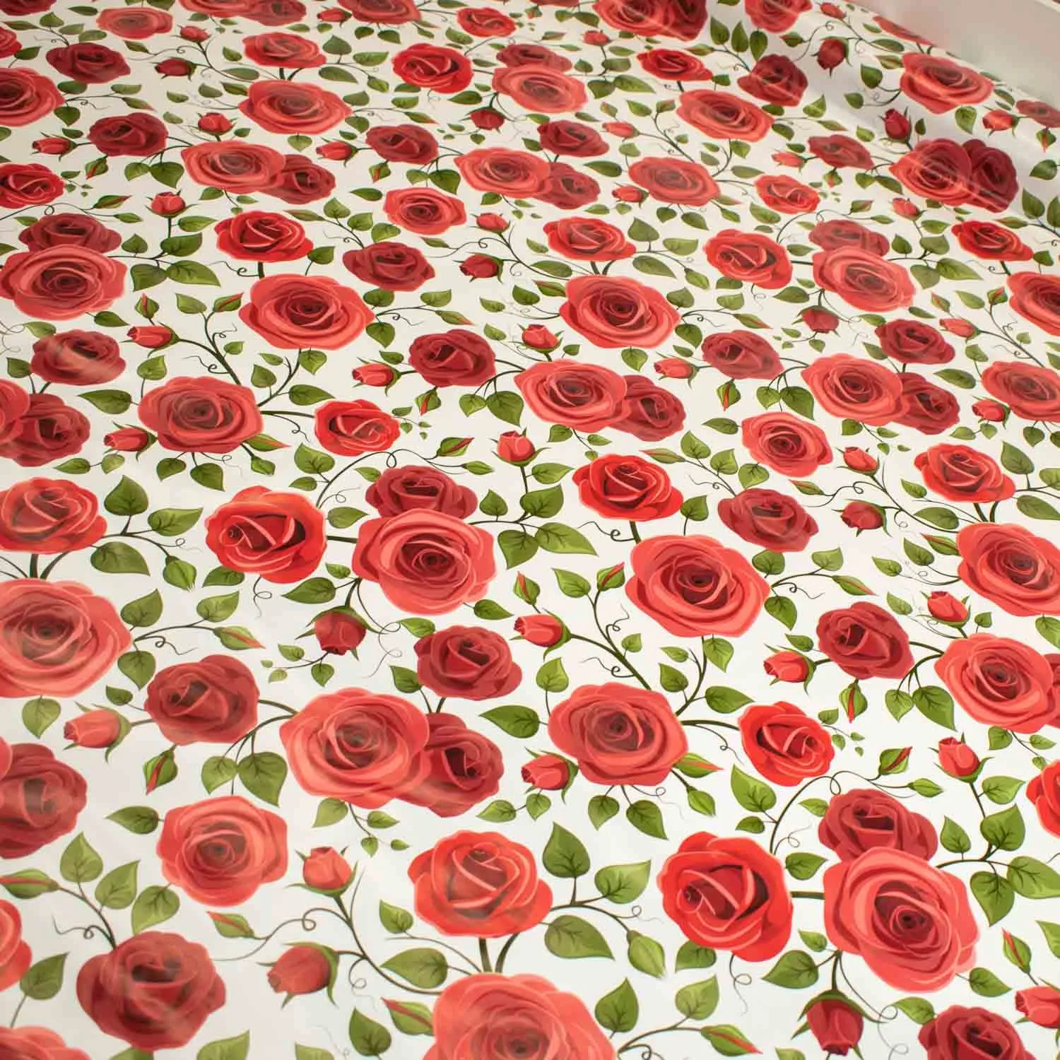 Red Roses Vines Plastic Tablecloth Fabric