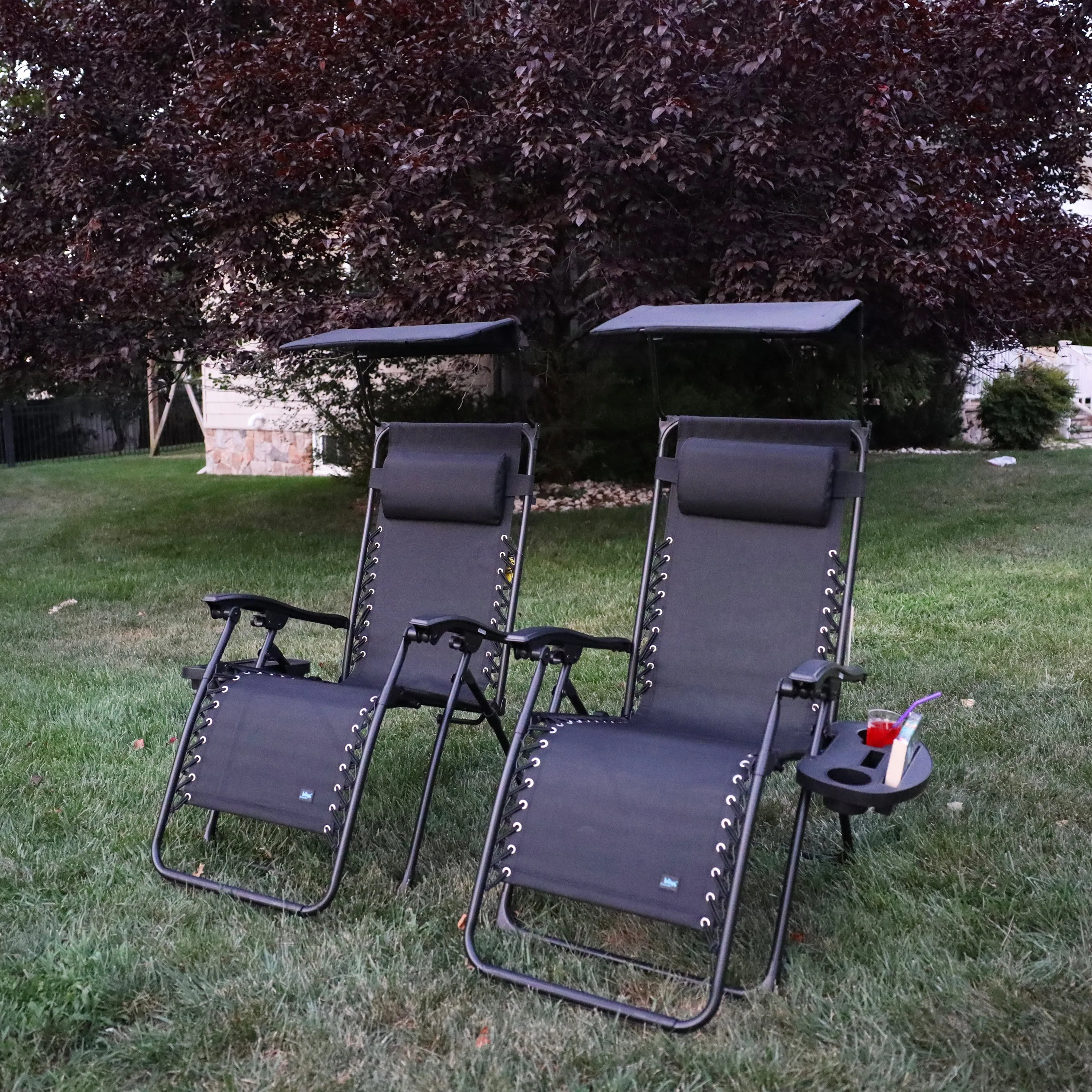 Set of 2 Gravity Free Chairs w/ Canopy, Drink Tray, and Pillow | 26-in. Wide | Weather & Rust Resistant | 300 Lb. Capacity