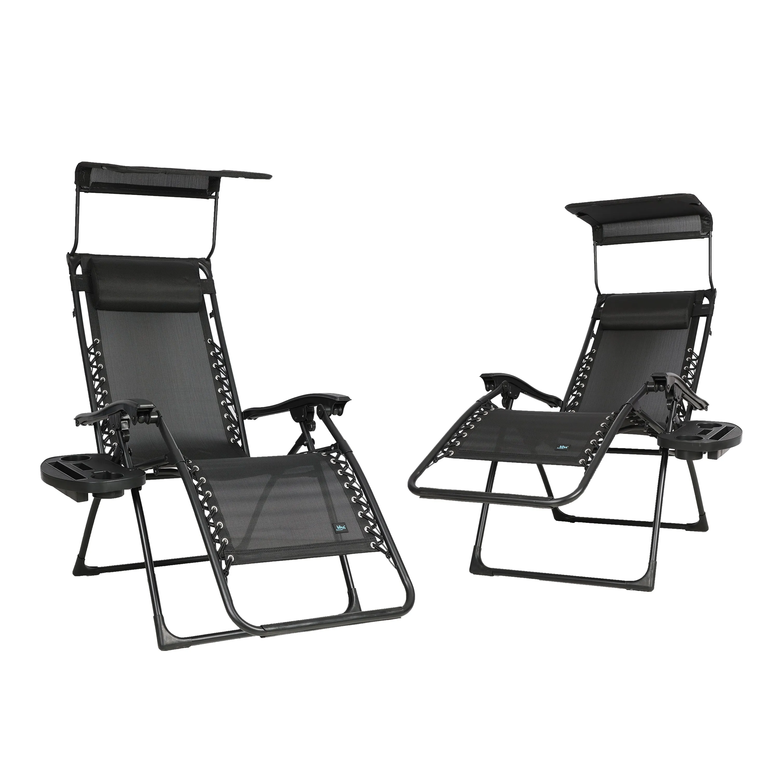 Set of 2 Gravity Free Chairs w/ Canopy, Drink Tray, and Pillow | 26-in. Wide | Weather & Rust Resistant | 300 Lb. Capacity