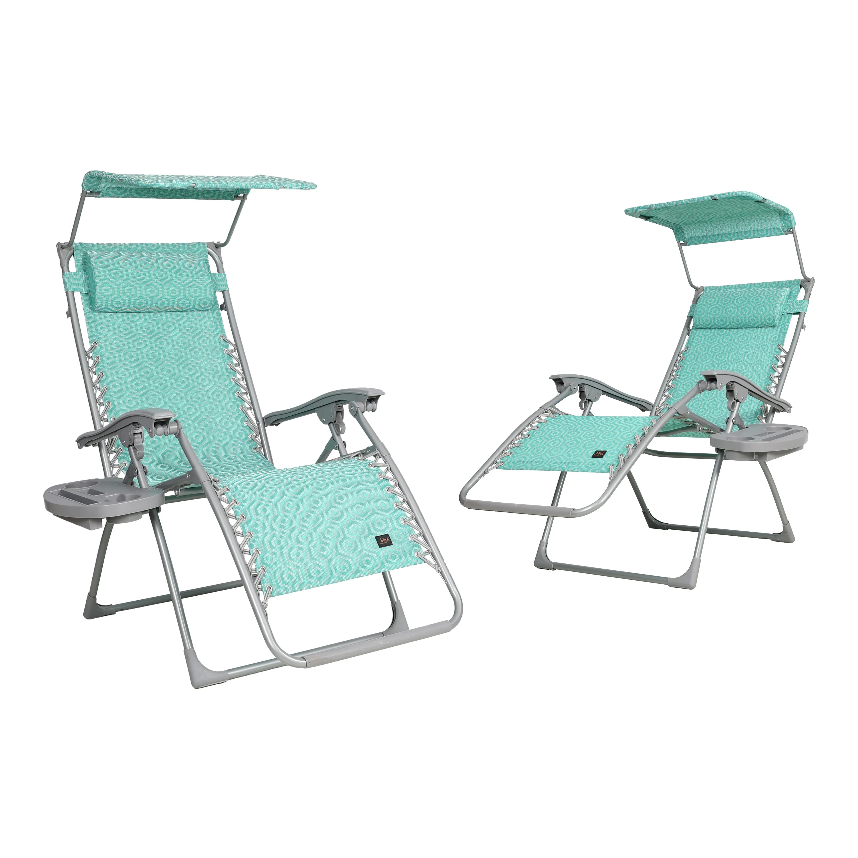 Set of 2 Gravity Free Chairs w/ Canopy, Drink Tray, and Pillow | 26-in. Wide | Weather & Rust Resistant | 300 Lb. Capacity