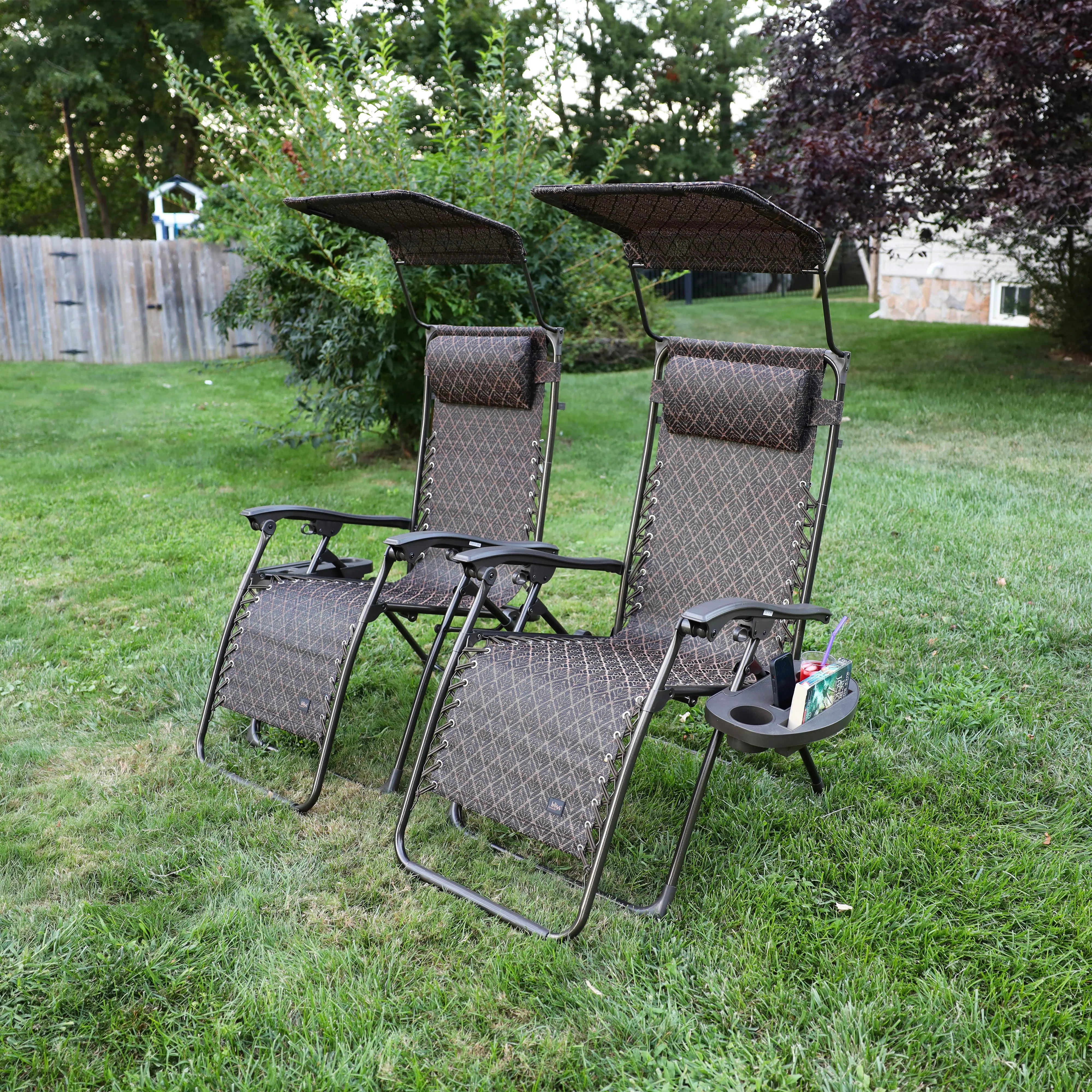 Set of 2 Gravity Free Chairs w/ Canopy, Drink Tray, and Pillow | 26-in. Wide | Weather & Rust Resistant | 300 Lb. Capacity