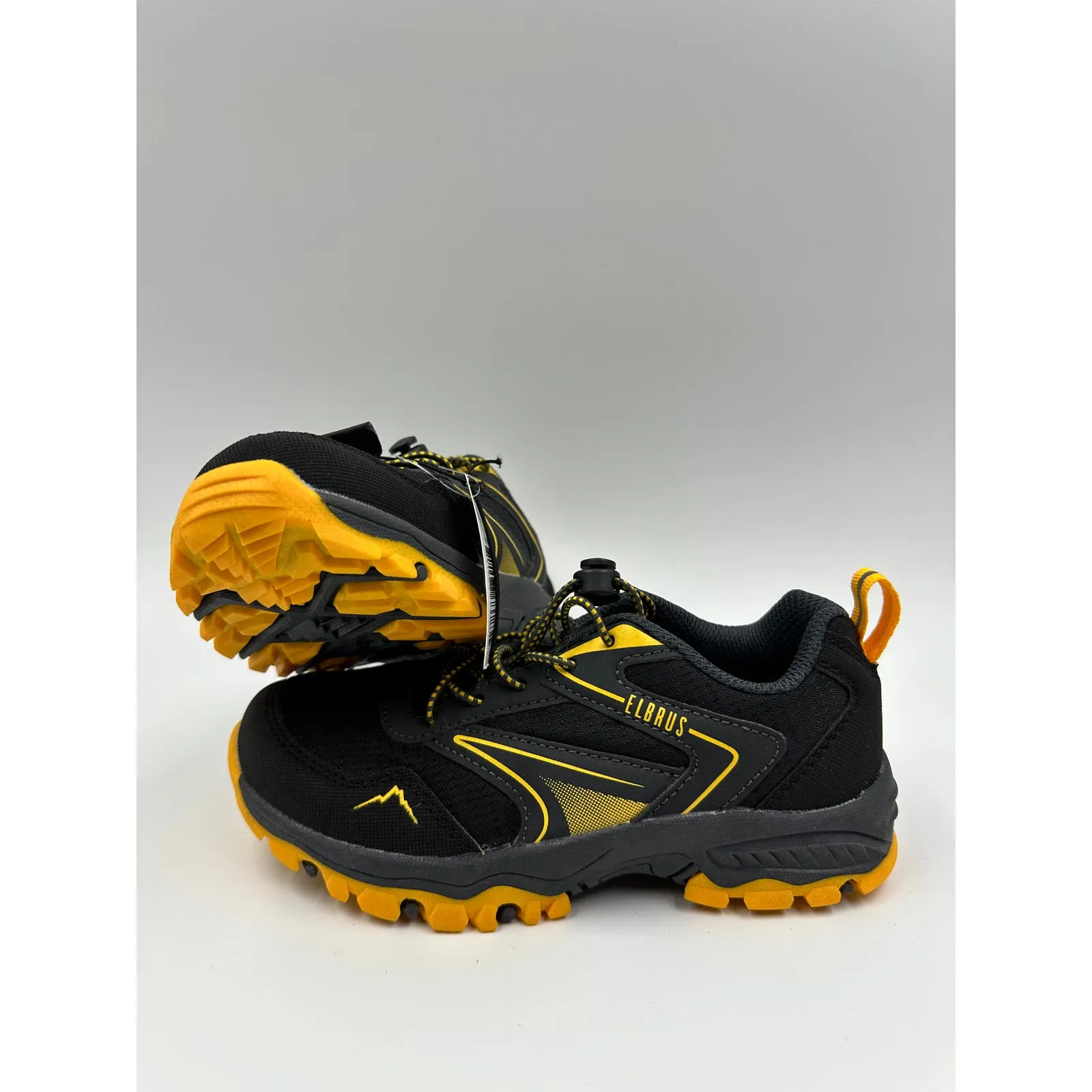 Small Kid Size 13.5, Low Top Gray Hikers w/ Yellow Accents, Elastic Laces and Rubber Toe