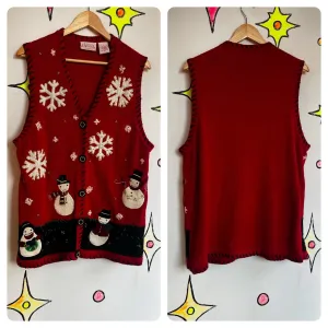 Vintage 80s 90s | Red Embellished Snow Man Tacky Ugly Christmas Sweater Vest | X