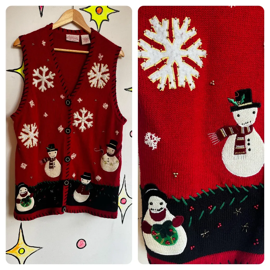 Vintage 80s 90s | Red Embellished Snow Man Tacky Ugly Christmas Sweater Vest | X